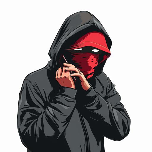 a man with a red balaclava and a black hoodie. Hood on the head. The man is on the phone with his cell phone. White background. simplistic cartoon style.