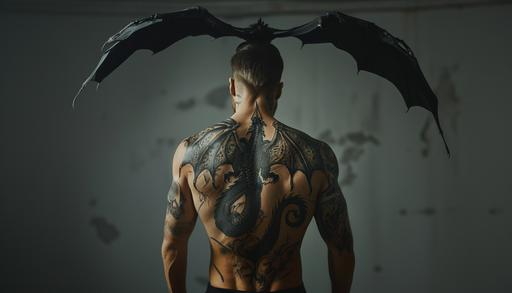 a man with hyper realistic dragon tatto on his back, the wings of the dragon are well extended --ar 7:4 --v 6.0 --style raw