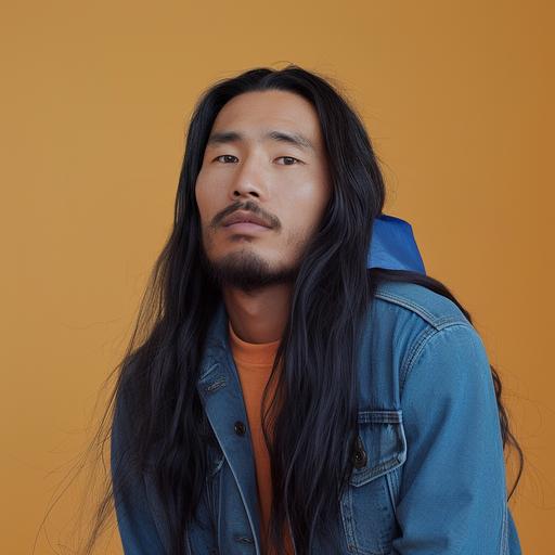 a man with long hair wearing a blue jean jacket fitted with a cool shiny shirt - no hood, inspired by Jeremy Chong, paul kwon, gigachad jesus, promotional portrait, asian descent, look at the camera and very smiley --v 6.0