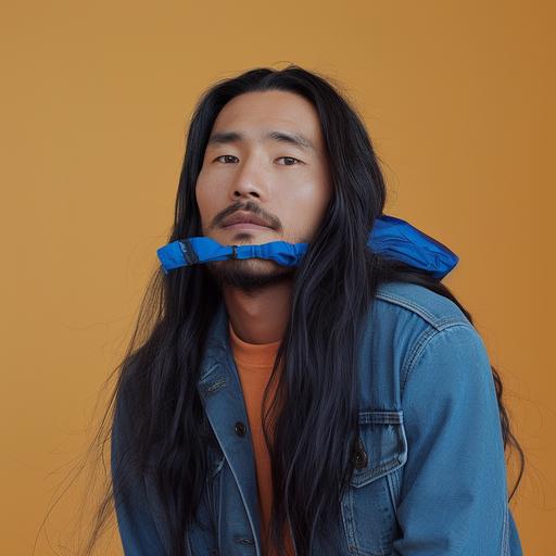a man with long hair wearing a blue jean jacket fitted with a cool shiny shirt, inspired by Jeremy Chong, paul kwon, gigachad jesus, promotional portrait, asian descent, look at the camera and smile --v 6.0