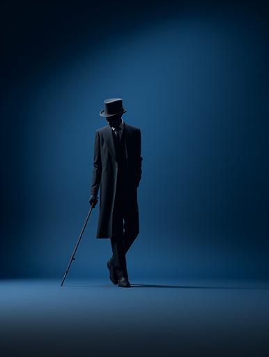 a man with top hat, monocle and cane walking, in the style of dark romantic, dark blue, humorous imagery, minimalist figuration, steinheil quinon 55mm f/1.9, bamileke art, monochromatic imagery, caninecore --ar 3:4