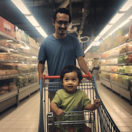 a man with transparent glass, strolling with trolley around supermarket, his kid wearing jumpsuit inside the trolley, facing front, in ghibli style, hyper realistic, 4K