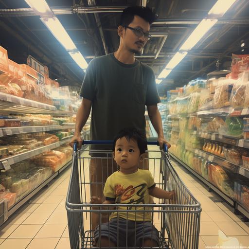 a man with transparent glass, strolling with trolley around supermarket, his kid wearing jumpsuit inside the trolley, facing front, in ghibli style, hyper realistic, 4K