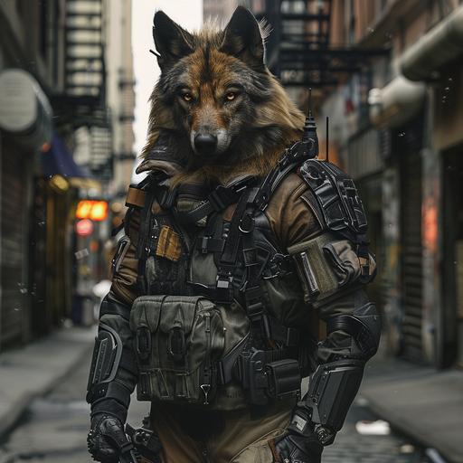 a maned wolf with dark fur is standing on a city street in armor with no flags or recognizable symbols, over a flight suit, with an armored left arm, photograph, photorealistic, in the style of space art, industrial urban scenes, heistcore, city portraits --v 6.0