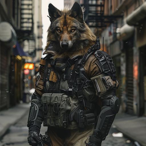 a maned wolf with dark fur, with a cybernetic left arm is standing on a city street in armor with no flags or recognizable symbols, over a flight suit, photograph, photorealistic, in the style of space art, industrial urban scenes, heistcore, city portraits --v 6.0