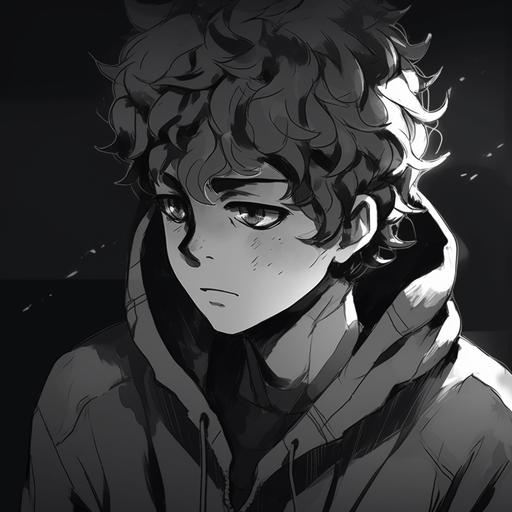 a manga panel without colors, of a pfp of a face of a skiny anime character with curly hair and green eyes, he's wearing a hoodie, Gege Akutami art style, he's depressed, gloomy::1 noir::2 --v 5.0