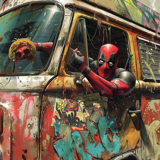 a maniacal Deadpool leaning out of the window of a beat up van with his logo on it, offering someone a taco.