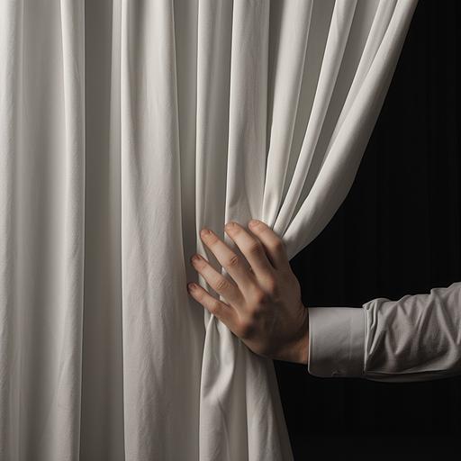a man’s hand grabbing a curtain and pulling it to the side to show what is hiding behind the curtain.