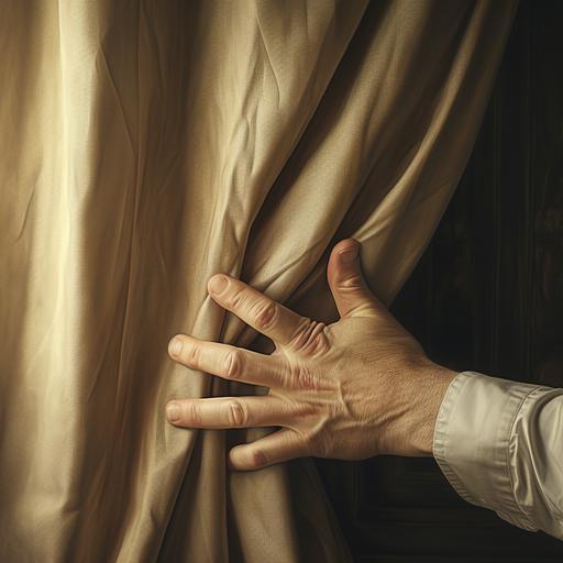 a man’s hand grabbing a curtain and pulling it to the side to show what is hiding behind the curtain.