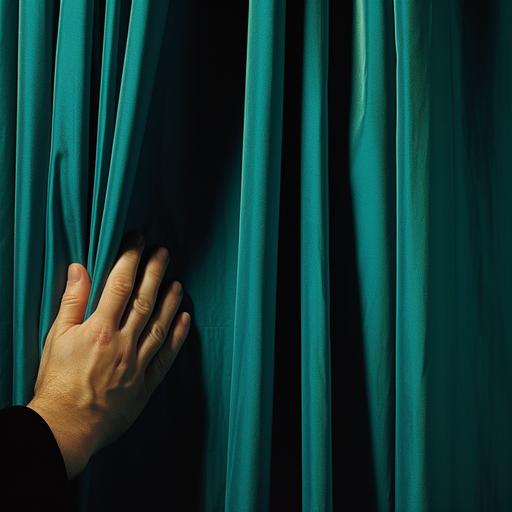 a man’s right hand clenched to the edge of a curtain, pulling the curtain towards the left of the screen to reveal what is hiding behind the curtain.