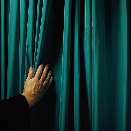 a man’s right hand clenched to the edge of a curtain, pulling the curtain towards the left of the screen to reveal what is hiding behind the curtain.