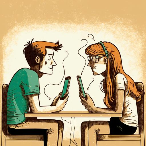 a man/woman couple sitting face to face communicating by cellphonee cartoon style