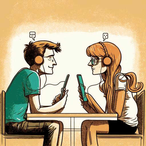 a man/woman couple sitting face to face communicating by cellphonee cartoon style