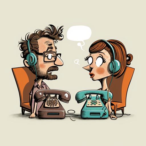 a man/woman couple sitting face to face communicating by telephone cartoon style