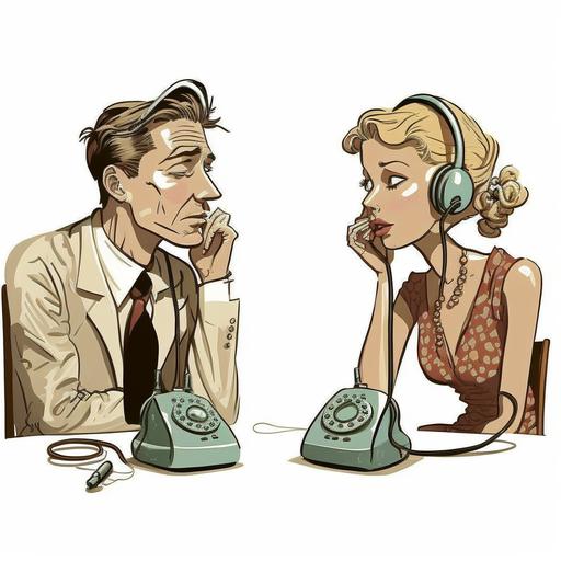 a man/woman couple sitting face to face communicating by telephone cartoon style