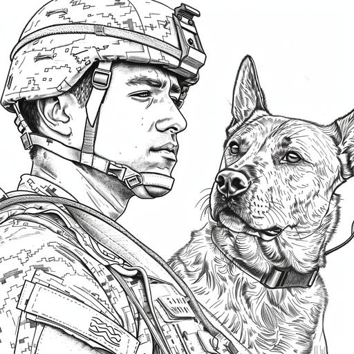 a marine and his dog as a line art coloring page