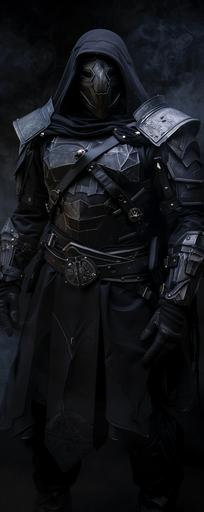 a masked warrior, black hood, silver great helm inspired mask, black leather brigandine with silver accents, black metal pauldrons with silver accents, black metal gauntlets with silver accents, clean look, black smoke backdrop, full body portrait, fantasy themed, D&D artstyle --ar 43:108