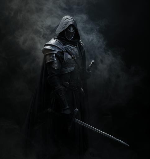 a masked warrior, black hood, silver great helm inspired mask, black leather brigandine with silver accents, black metal pauldrons with silver accents, black metal gauntlets with silver accents, clean look, black smoke backdrop, full body portrait, fantasy themed, D&D artstyle --ar 67:71