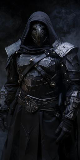 a masked warrior, black hood, silver great helm inspired mask, black leather brigandine with silver accents, black metal pauldrons with silver accents, black metal gauntlets with silver accents, clean look, black smoke backdrop, full body portrait, fantasy themed, D&D artstyle --ar 1:2