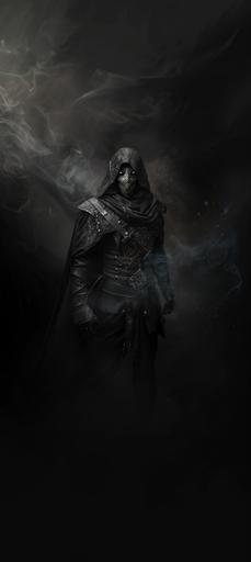 a masked warrior, black hood, silver great helm inspired mask, black leather brigandine with silver accents, black metal pauldrons with silver accents, black metal gauntlets with silver accents, clean look, black smoke backdrop, full body portrait, fantasy themed, D&D artstyle --ar 46:103