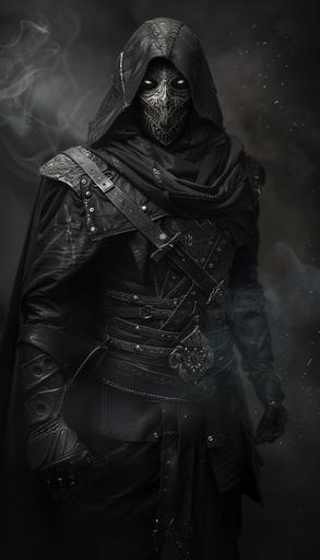 a masked warrior, black hood, silver great helm inspired mask, black leather brigandine with silver accents, black metal pauldrons with silver accents, black metal gauntlets with silver accents, clean look, black smoke backdrop, full body portrait, fantasy themed, D&D artstyle --ar 4:7