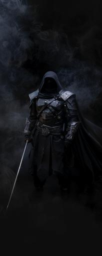 a masked warrior, black hood, silver great helm inspired mask, black leather brigandine with silver accents, black metal pauldrons with silver accents, black metal gauntlets with silver accents, clean look, black smoke backdrop, full body portrait, fantasy themed, D&D artstyle --ar 43:108 --v 6.0