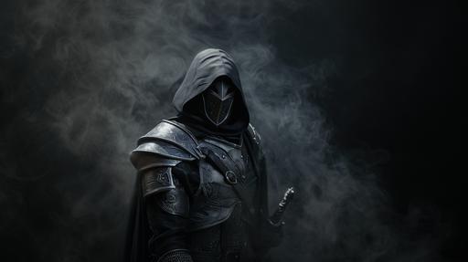 a masked warrior, black hood, silver great helm inspired mask, black leather brigandine with silver accents, black metal pauldrons with silver accents, black metal gauntlets with silver accents, clean look, black smoke backdrop, full body portrait, fantasy themed, D&D artstyle --ar 16:9