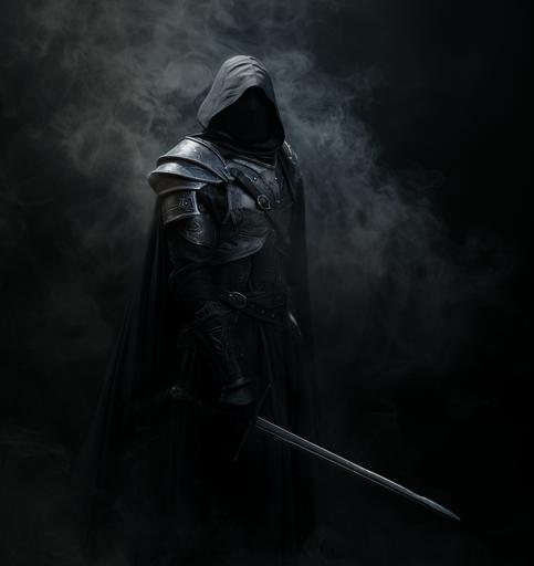 a masked warrior, black hood, silver great helm inspired mask, black leather brigandine with silver accents, black metal pauldrons with silver accents, black metal gauntlets with silver accents, clean look, black smoke backdrop, full body portrait, fantasy themed, D&D artstyle --ar 67:71 --v 6.0