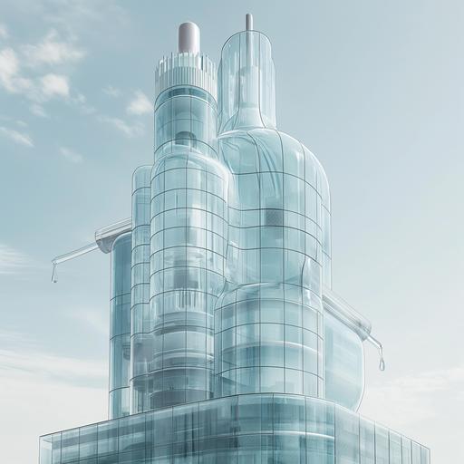 a massive building in the shape of a hyaluronic acid serum bottle, the building is glass, transparent, you can see the transparent get inside and there's a serum dropper on the top --v 6.0