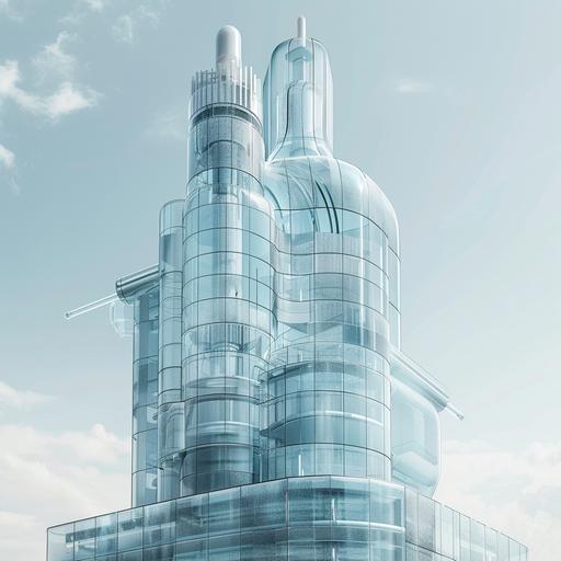 a massive building in the shape of a hyaluronic acid serum bottle, the building is glass, transparent, you can see the transparent get inside and there's a serum dropper on the top