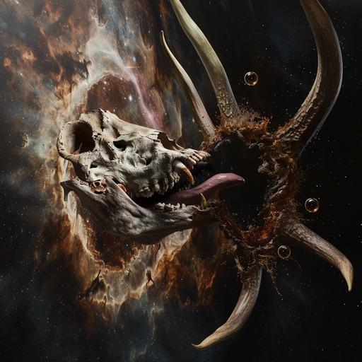 a massive deer skull in space eating a dead star black hole as the black hole devours it, a massive tongue covered in saliva comes from the centre of the black hole, a floating evil eye ball floats around the tongue, hyper realistic, James Webb photograph, photograph, portrait, --v 6.0 --style raw