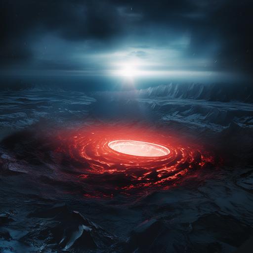 a massive red blinding light coming from the surface of an icy planet, view from above, ar 16:9