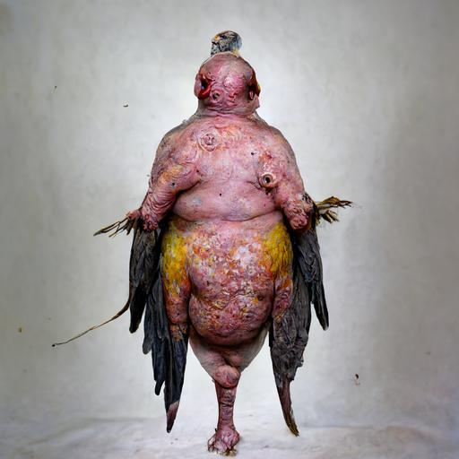a massively obese featherless bird man with tumours and lesions