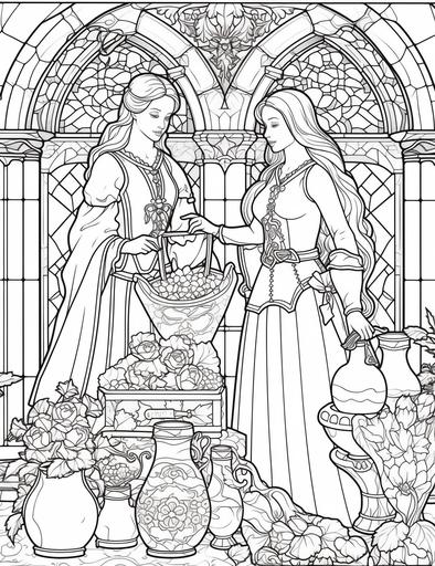 a medieval market,coloring book , art nouveau stained glass mosaic, no shading,1 Bit, white background, Version 235 --ar 17:22 --s 750 --v 5.1 --style raw