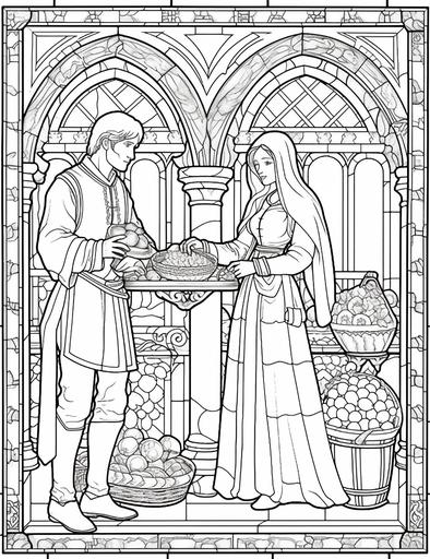 a medieval market,coloring book , art nouveau stained glass mosaic, no shading,1 Bit, white background, Version 235 --ar 17:22 --s 750 --v 5.1 --style raw