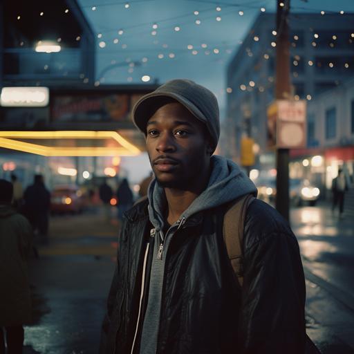 a medium angle shot of a black guy with headphones on his neck, hyper realistic, foggy ultra realistic street lights:: 3, shot on leica 50mm lens with Portra 400 film v-- 5.2