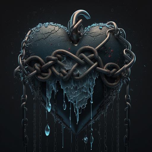 a melting frozen heart surrounded by chains and a padlock with black background, sad, album cover, high resolution , 4k,