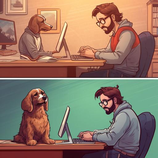 a meme of a man working on his computer and his dog working on another computer imitating him. Cartoon characters and high level of detail