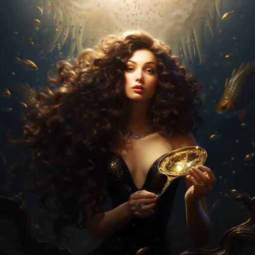 a mermaid of ashkenazi descent with dark curly brown hair, eating black caviar with a gold spoon, holding a small told caviar tin, lots of natural light, hyper-realitic image,