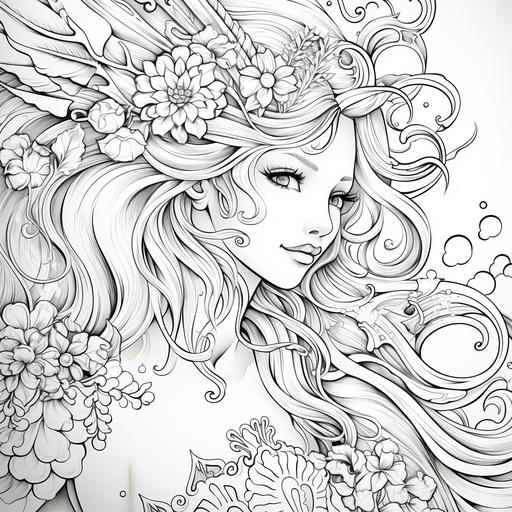 a mermaid unicorn, clean line art, coloring book page, white background, 2d