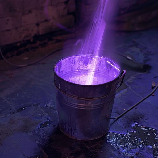a metal bucket, sitting upside down on a floor. Purple light streams out from inside it
