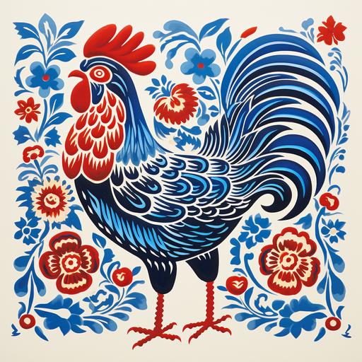 a metaphorical chicken image with a blue and white floral pattern and some of america's traditional shapes, in the style of vibrant color blocks, woodcut and linocut, yellow and red, mexican muralism, carved books, clever use of negative space, group f/64