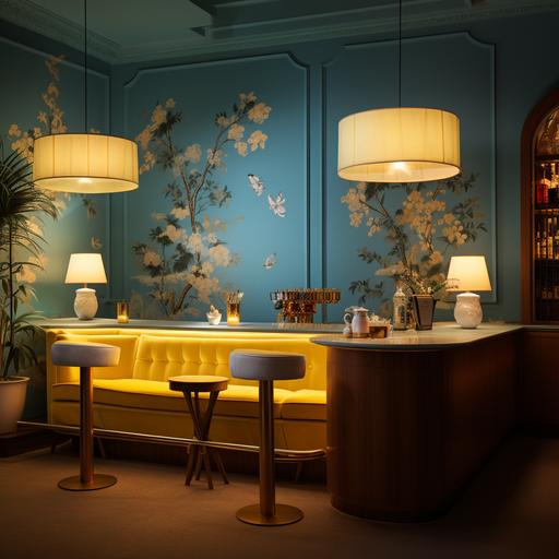 a midcentury bar and cocktail lounge designed by mies van der rohe inspired by floral qipao from the movie in the mood for love by wong kar wai. Baby blue wallpaper with pale yellow iris floral motifs. Night scene.