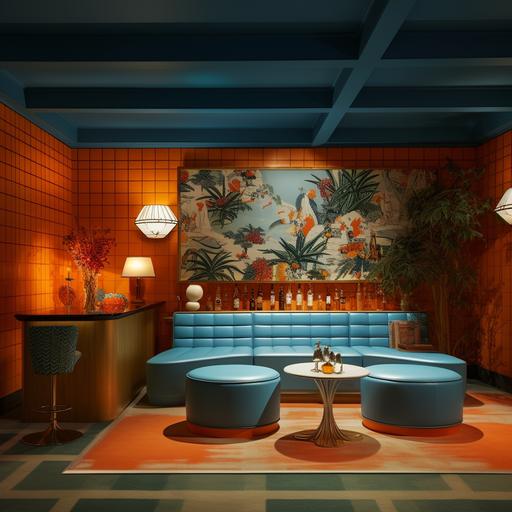 a midcentury bar and listening room inspired by the quipao in the movie in the mood for love by Wong kar wai, designed by mies Van der rohe. Lily floral baby blue wallpaper, orange and white checker upholstery. Night scene.