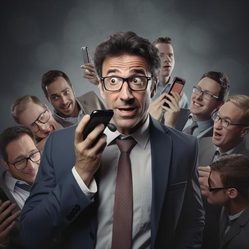 a middle aged man talking on the mobile Phone with multiple people. All the people he is talking to are shown with faces all around him. Make the image like animated, High Quality HD and against a plain background