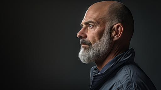 a middle-aged man with a short, trimmed, grayish beard, mostly bald with short gray hair, a bit muscular, and an athletic body reflects, athletic training, weathered skin, wearing a blue button down shirt, view in from behind and slightly from the side, can't see his full face--v 5.2 --ar 16:9