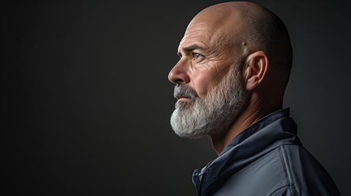 a middle-aged man with a short, trimmed, grayish beard, mostly bald with short gray hair, a bit muscular, and an athletic body reflects, athletic training, weathered skin, wearing a blue button down shirt, view in from behind and slightly from the side, can't see his full face--v 5.2 --ar 16:9