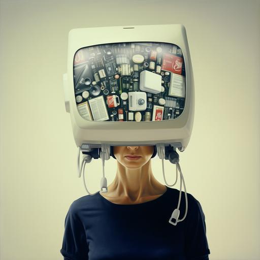 a middle aged, middle class, contemporary mother holding an overflowing grocery bag, but instead of a human head, her head is actually a computer monitor with a Facebook icon on it
