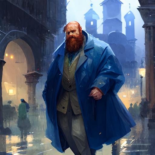 a middle-aged, red bearded cynical fantasy lawyer in a blue renaissance dress walking the streets of Florence. A cathedral covered in ivy in the background. It's raining.