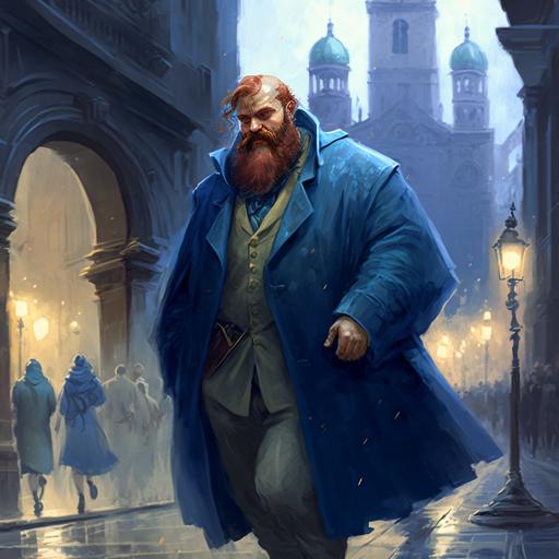 a middle-aged, red bearded cynical fantasy lawyer in a blue renaissance dress walking the streets of Florence. A cathedral covered in ivy in the background. It's raining.